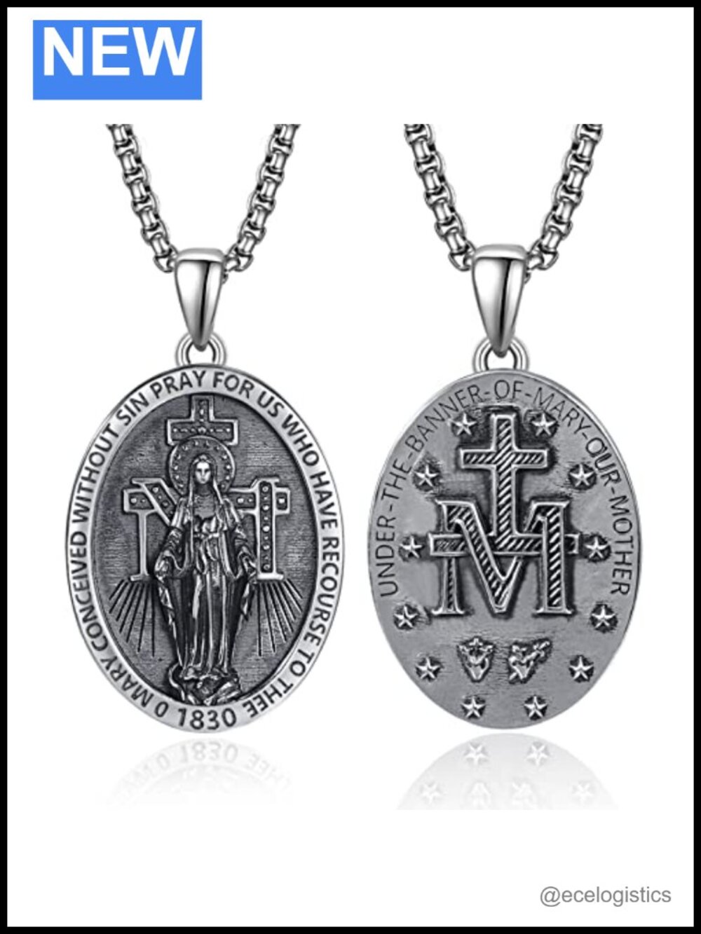 925 Sterling Silver Miraculous Medal Pendant Necklace 22in Stainless Steel Chain